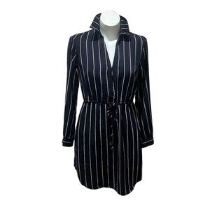 Lush Shirt Dress Womens XS Navy Blue Pinstripe Midi Long Sleeve Tie Waist